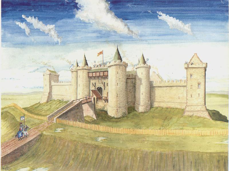 An artistic reconstruction of Stirling Castle as it may have looked in the 14th Century by Andrew Spratt